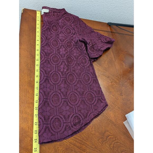 LOFT Sheer Lace Blouse XS Burgundy Red‎ Shirt Bell Short Sleeves Designer Flowy - Picture 6 of 7